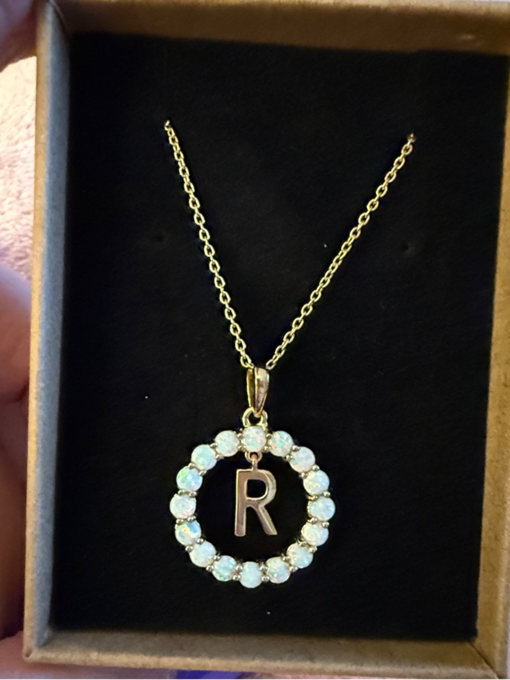 Gold Initial Pendant Necklace with Opal Accent Circle